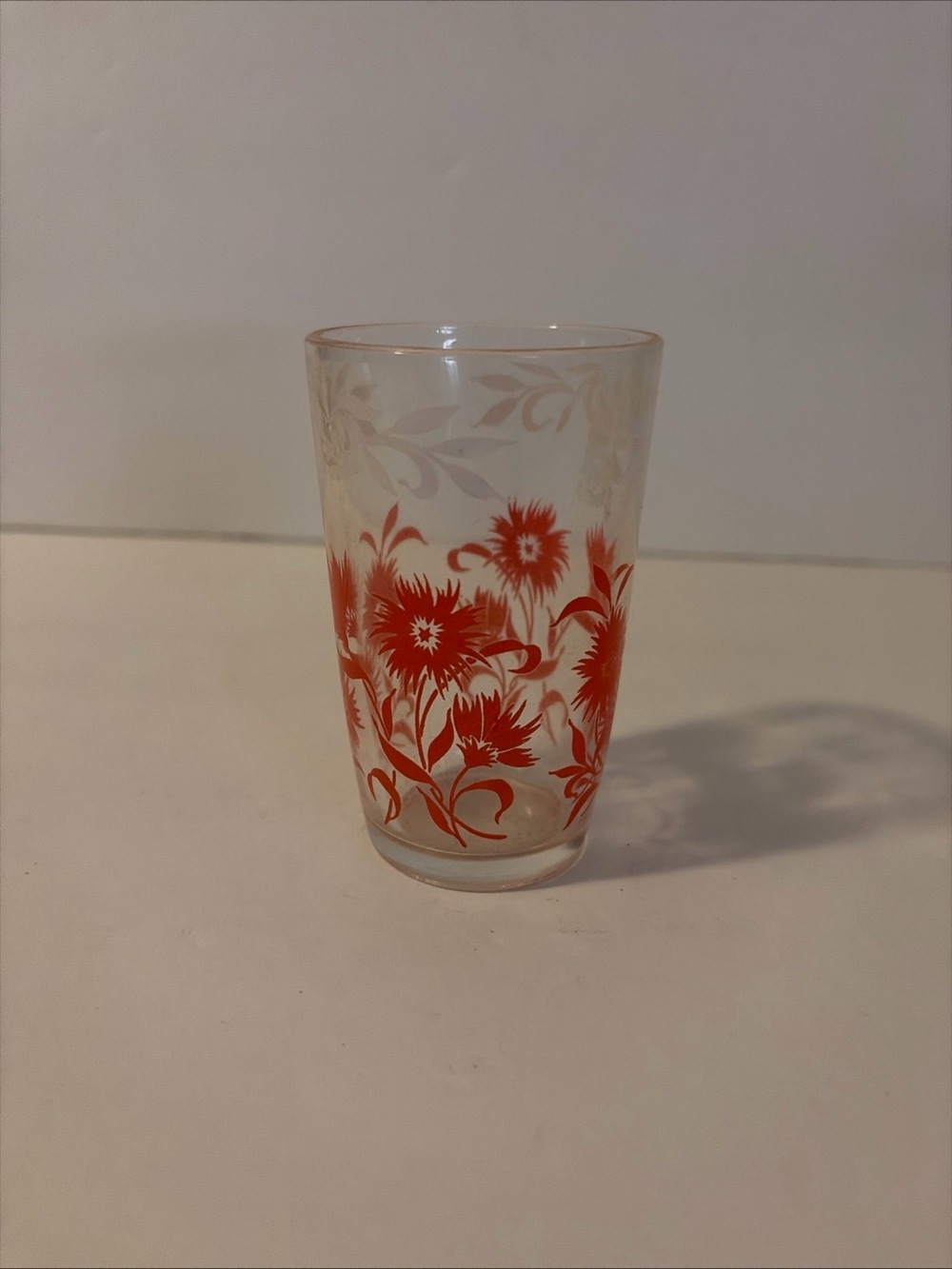 Mid Century Juice Glass Red Flowers Gold Foil Leaves Vintage